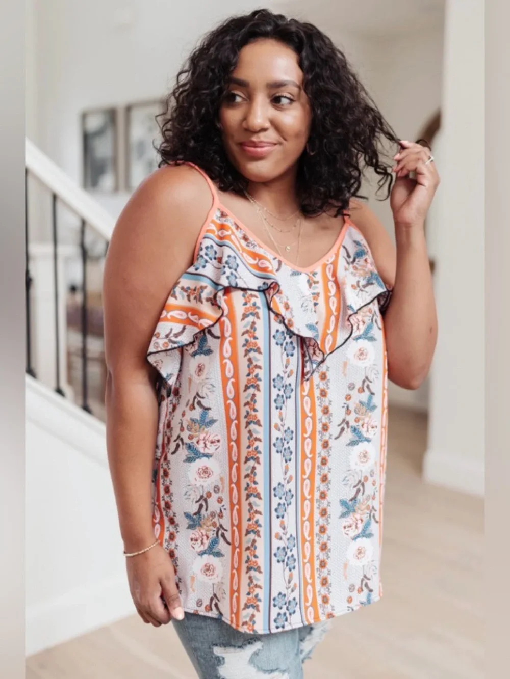 NEW [Haptics] Coral Ruffle V Neck Floral Print Sleeveless Tank Top Women’s 2X - Picture 3 of 9